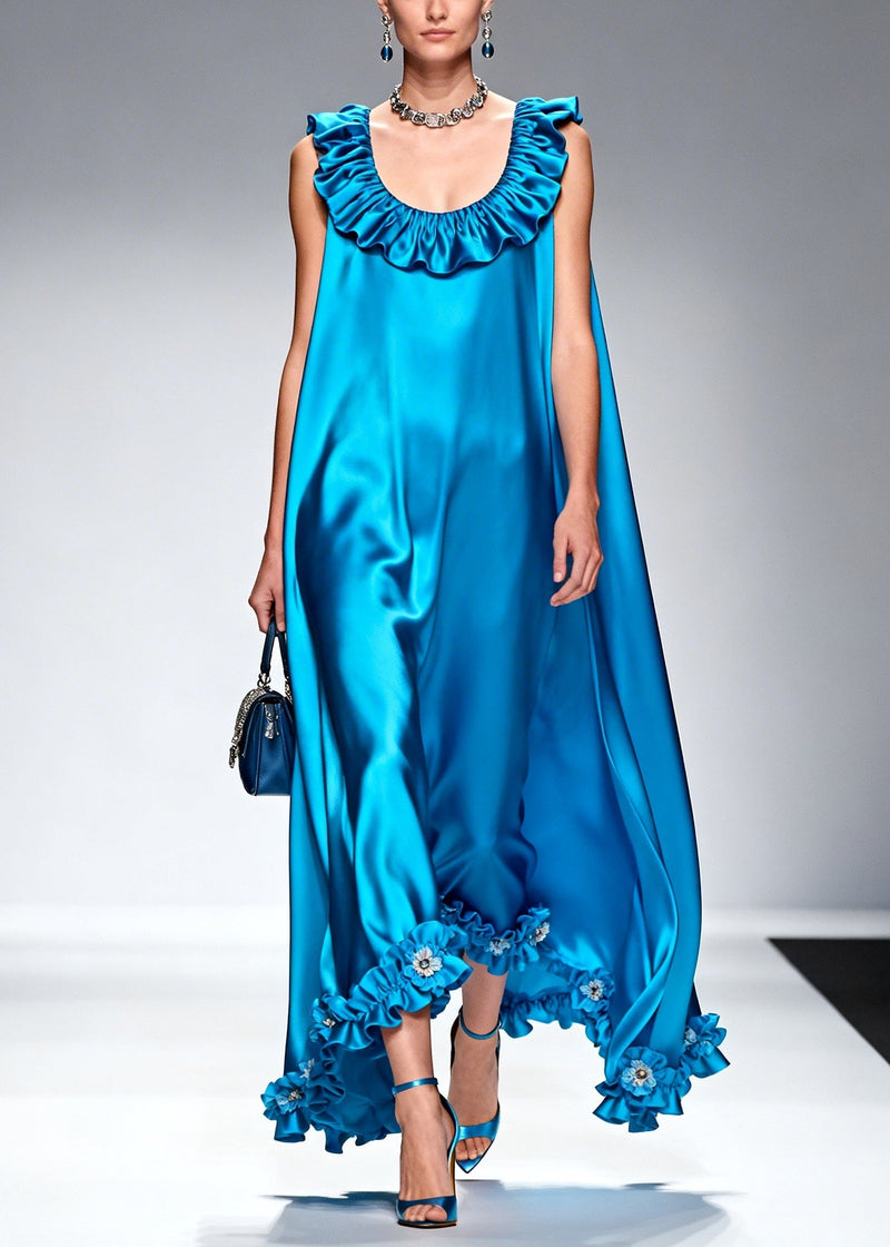 Style Blue Ruffled Silk Robe Dresses Sleeveless