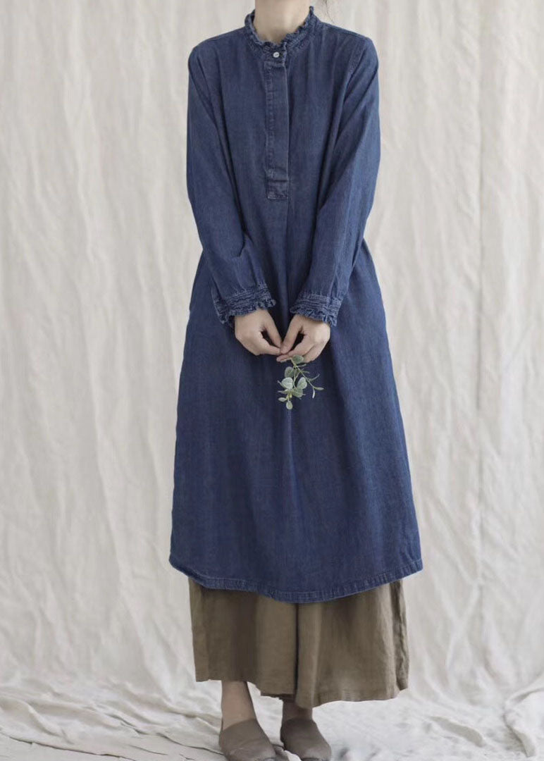 Style Blue Ruffled Pockets Denim Ankle Dress Spring