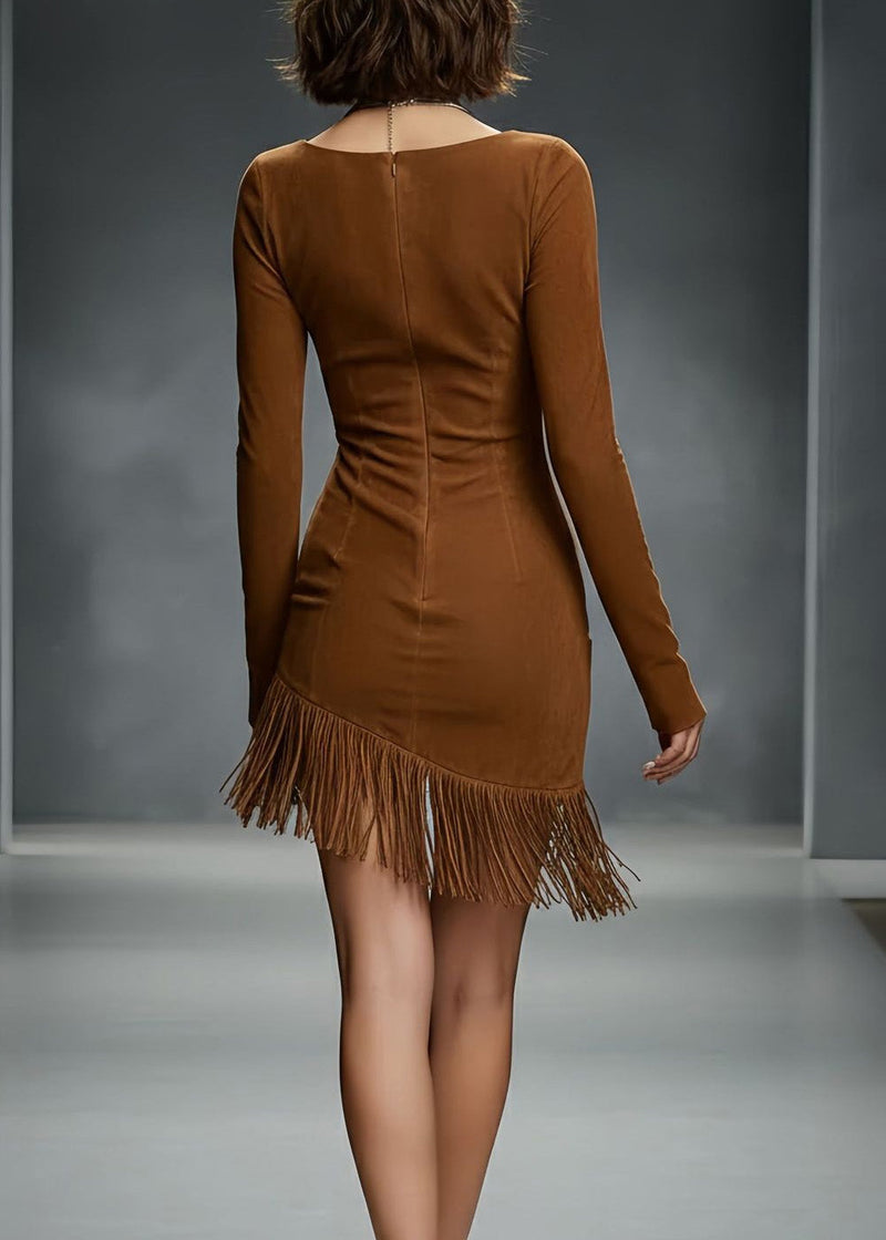 Style Brown O-neck Tassel Faux Suede Mid Dresses Spring