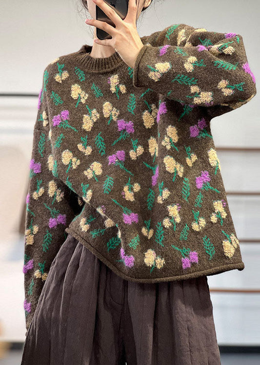 Style Chocolate O-neck Oversized Thick Jacquard Knit Sweaters Winter