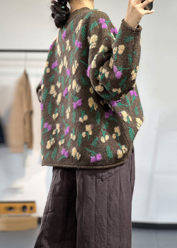 Style Chocolate O-neck Oversized Thick Jacquard Knit Sweaters Winter
