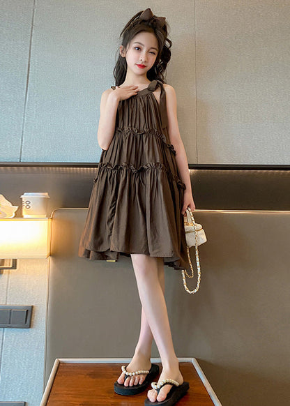 Style Coffee Ruffled Patchwork Slip Mid Dresses Summer