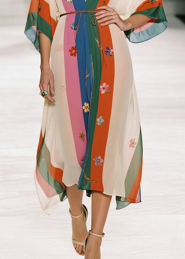 Style Colorblock Print Draping Chiffon Robe Dresses Summer