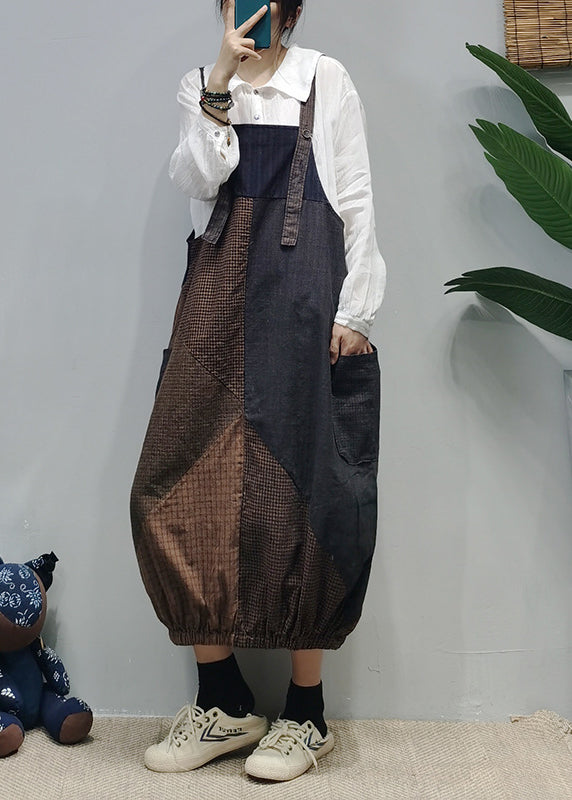 Style Colorblock Pockets Patchwork Plaid Cotton Strap Dress Summer