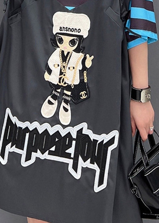 Style Dark Grey O-neck Cartoon Print Striped Patchwork Dresses Short Sleeve