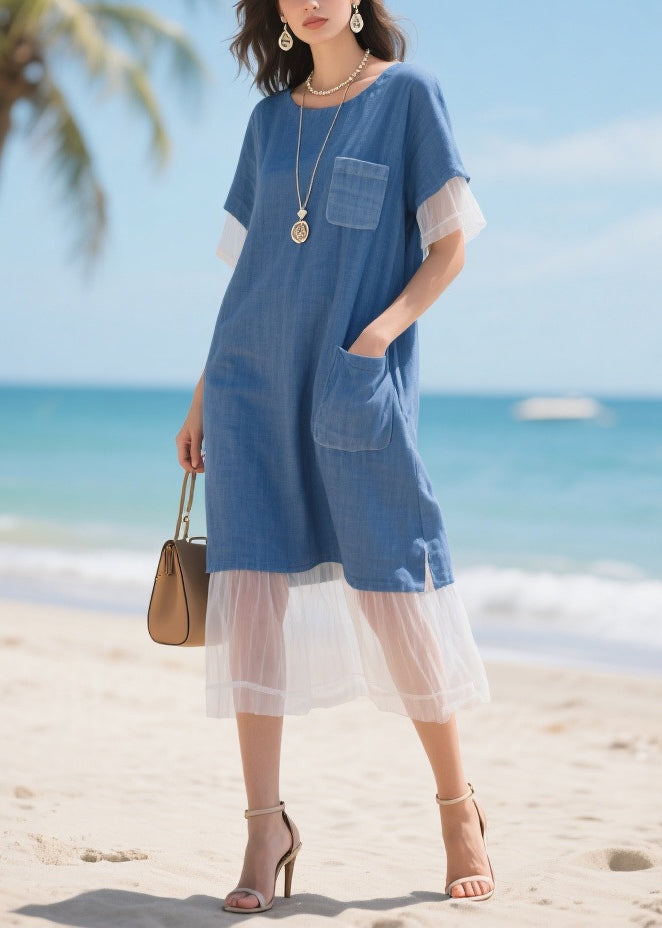 Style Denim Blue Oversized Patchwork Tulle Straight Dress Summer
