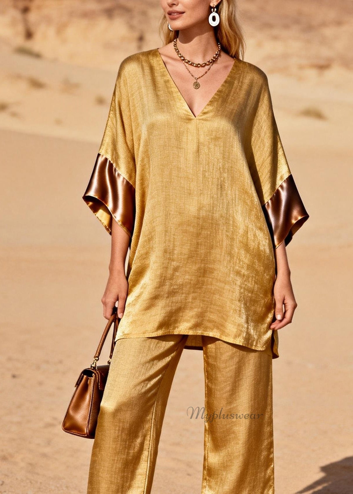 Style Gold V Neck Silk Patchwork Linen 2 Piece Outfit Summer