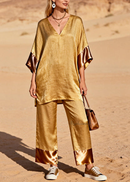 Style Gold V Neck Silk Patchwork Linen 2 Piece Outfit Summer