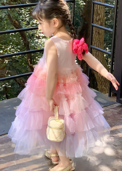 Style Gradient Pink O Neck Ruffled Patchwork Tulle Baby Dresses Sleeveless