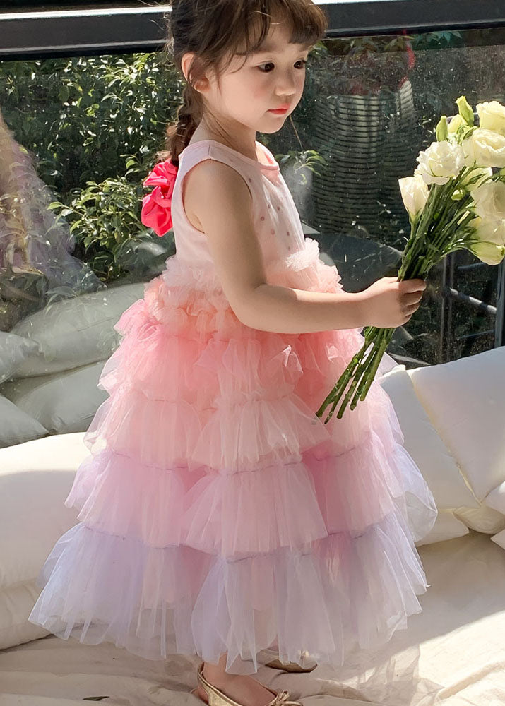 Style Gradient Pink O Neck Ruffled Patchwork Tulle Baby Dresses Sleeveless