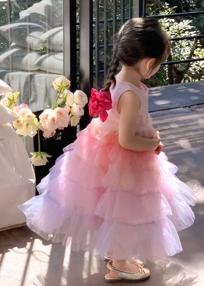 Style Gradient Pink O Neck Ruffled Patchwork Tulle Baby Dresses Sleeveless
