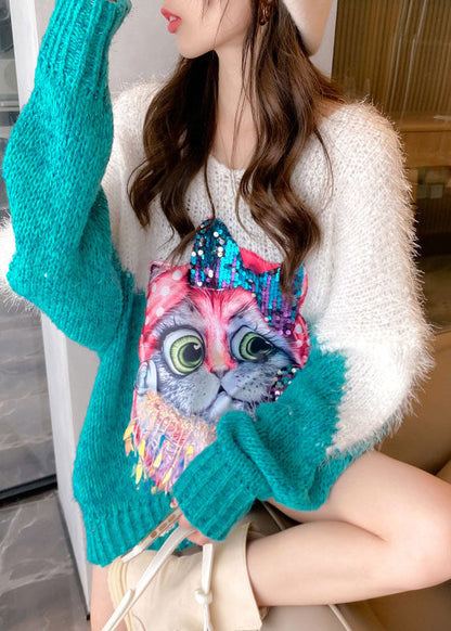 Style Green Loose Tasseled Patchwork Fall Sweater