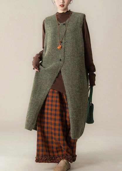 Style Green O-neck Cotton Knit Long Sweaters Dress ,top and Wide Leg Pants Three Pieces Set Sleeveless
