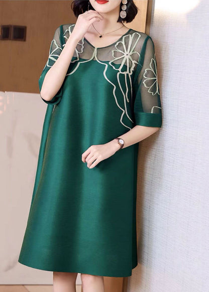 Style Green O-neck Hollow Out Print Silk a Line Dresses Short Sleeve