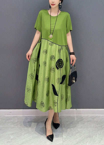 Style Green O-neck Patchwork Cotton Long Dress Summer
