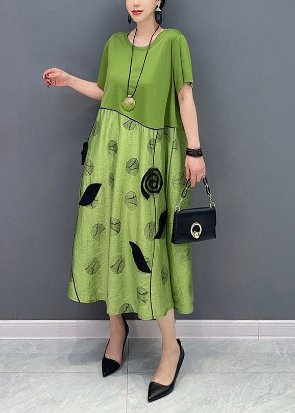 Style Green O-neck Patchwork Cotton Long Dress Summer