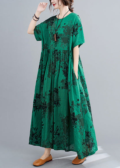 Style Green O-neck Patchwork Maxi Dress Short Sleeve