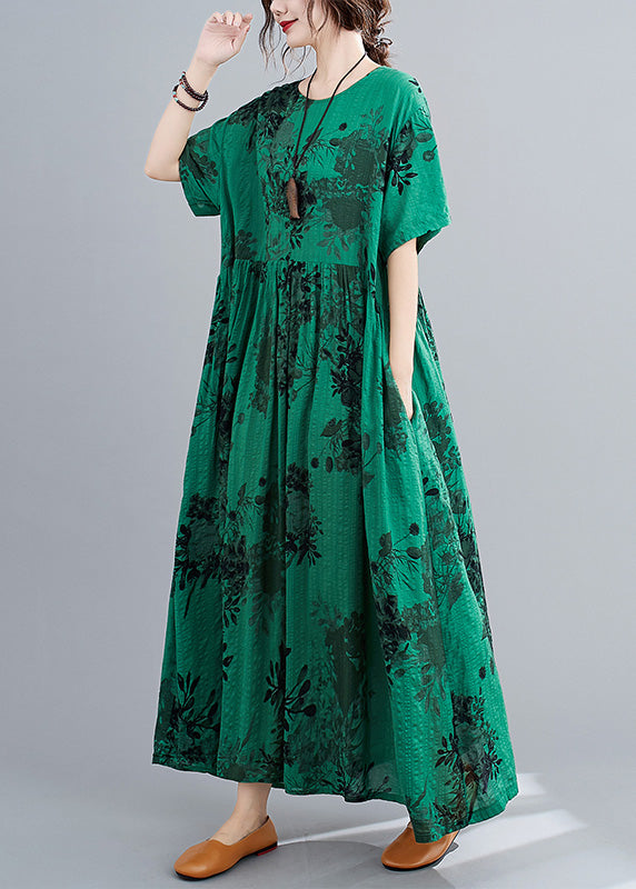 Style Green O-neck Patchwork Maxi Dress Short Sleeve