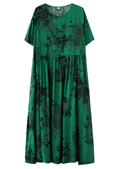 Style Green O-neck Patchwork Maxi Dress Short Sleeve