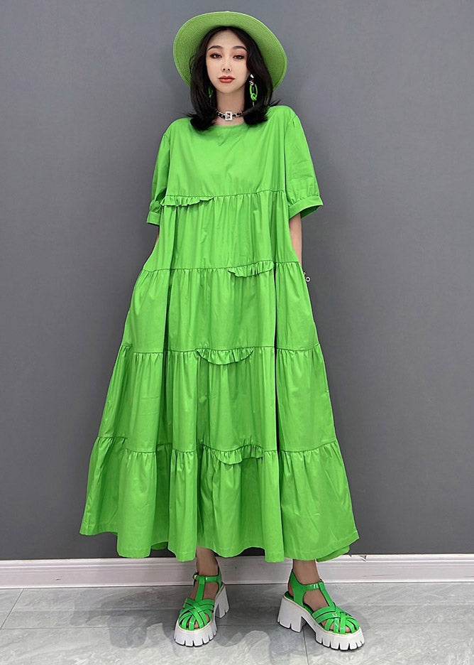 Style Green O-neck Patchwork Pockets Ankle Dress Short Sleeve
