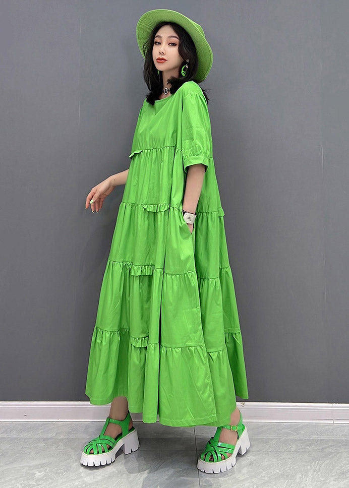 Style Green O-neck Patchwork Pockets Ankle Dress Short Sleeve