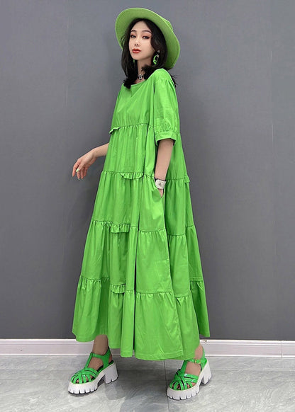 Style Green O-neck Patchwork Pockets Ankle Dress Short Sleeve