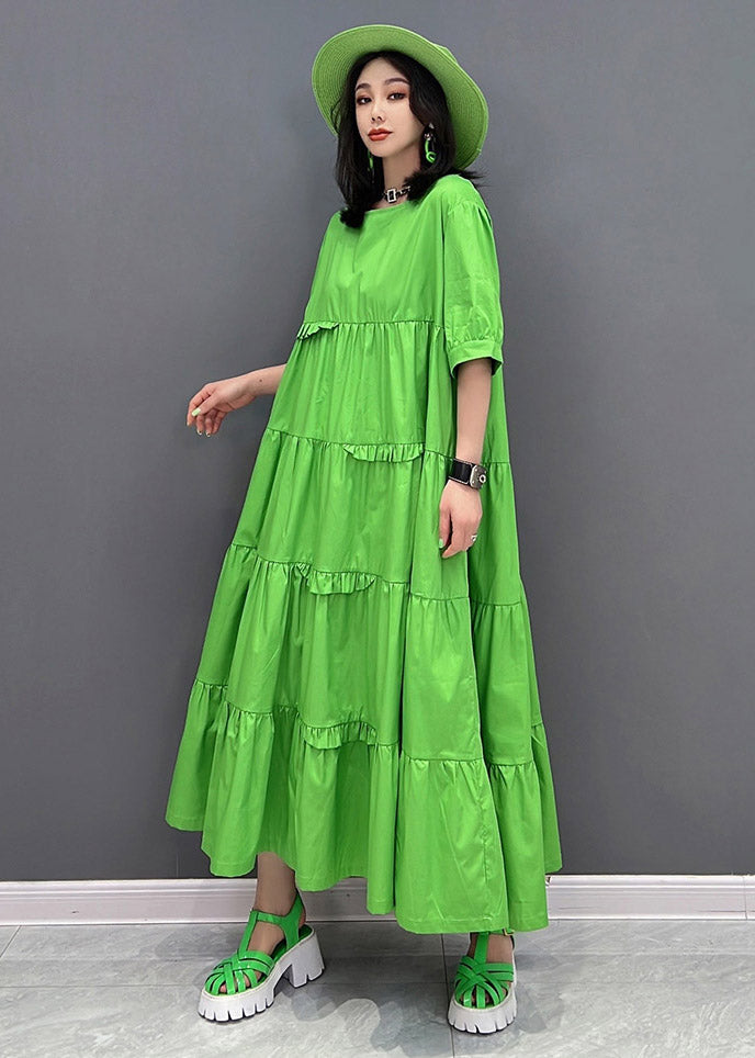 Style Green O-neck Patchwork Pockets Ankle Dress Short Sleeve