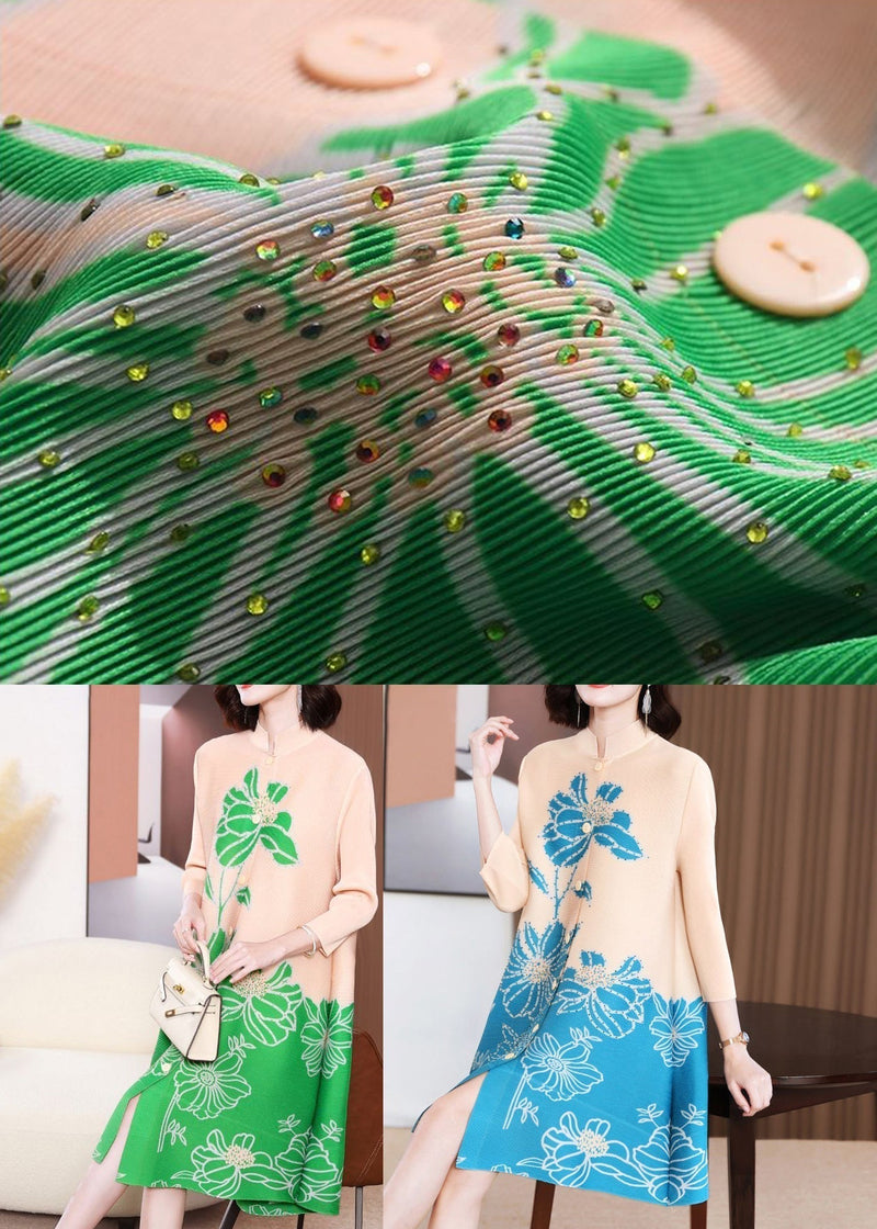 Style Green Stand Collar Print a Line Dresses Bracelet Sleeve