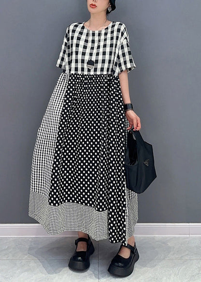 Style Grey Plaid Patchwork Dot Cotton a Line Dress Summer