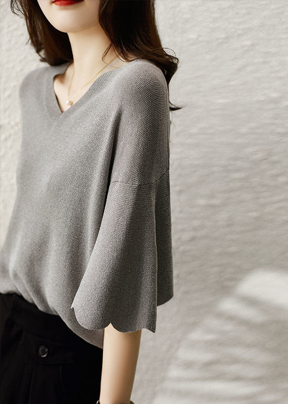 Style Grey V Neck Color Knit Tops Flare Sleeve