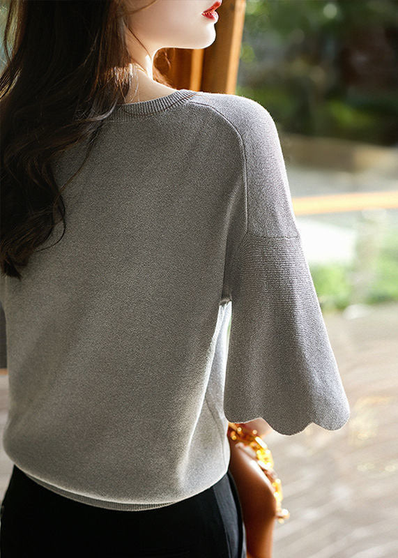 Style Grey V Neck Color Knit Tops Flare Sleeve