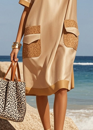 Style Khaki V Neck Patchwork Draping Silk Mid Dresses Summer