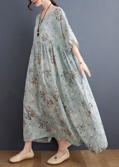 Style Light Blue Oversized Print Exra Large Hem Cotton a Line Dress Summer