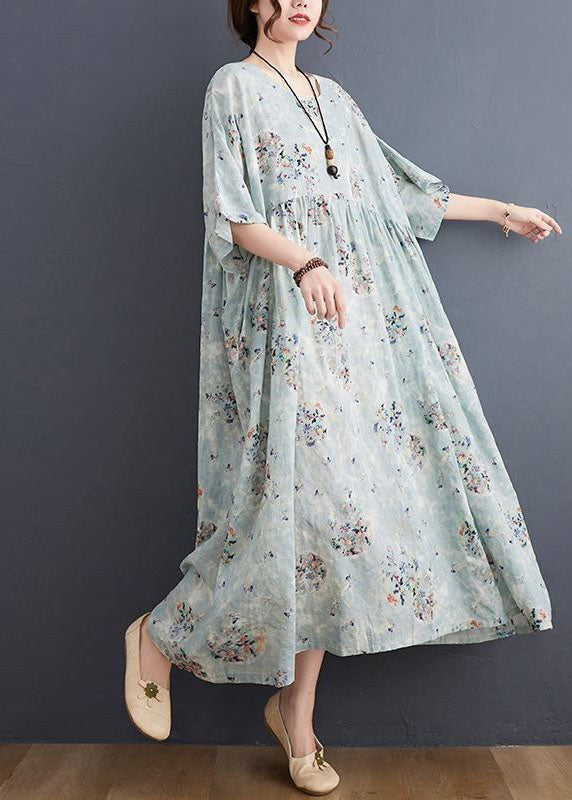 Style Light Blue Oversized Print Exra Large Hem Cotton a Line Dress Summer