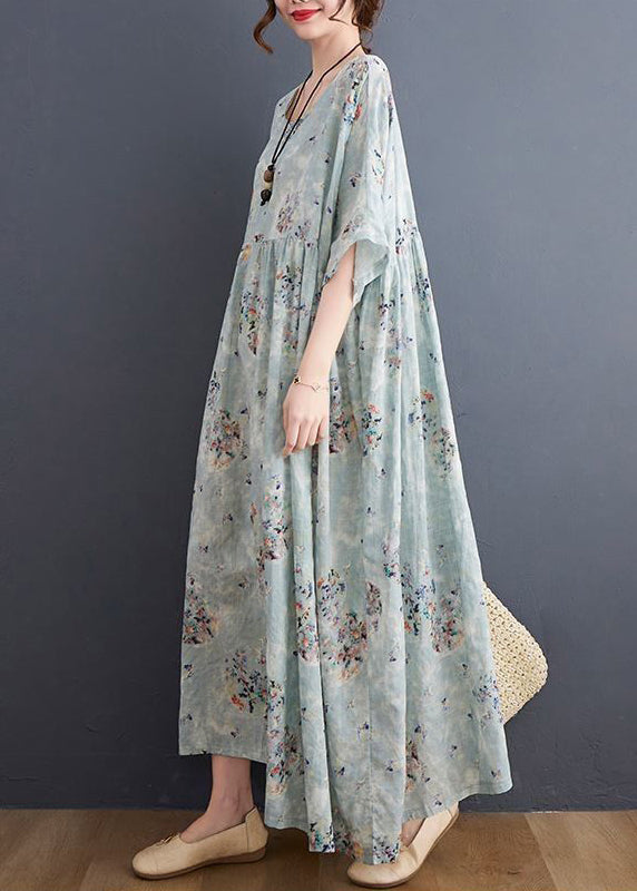 Style Light Blue Oversized Print Exra Large Hem Cotton a Line Dress Summer