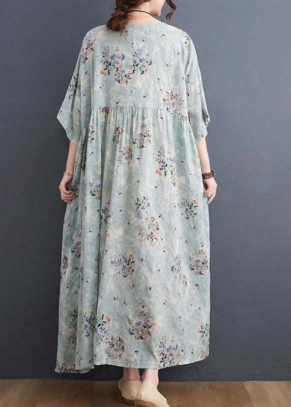 Style Light Blue Oversized Print Exra Large Hem Cotton a Line Dress Summer
