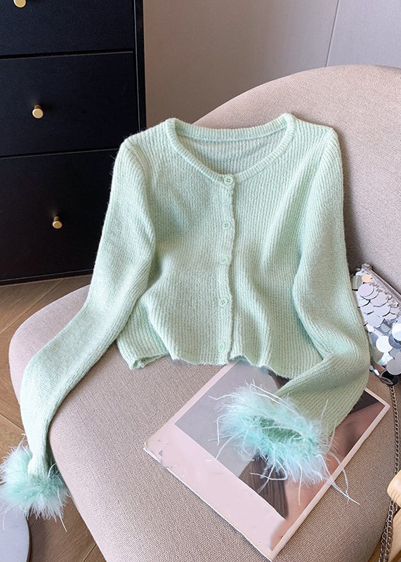 Style Light Green O-neck Button Cotton Knit Cardigan Spring