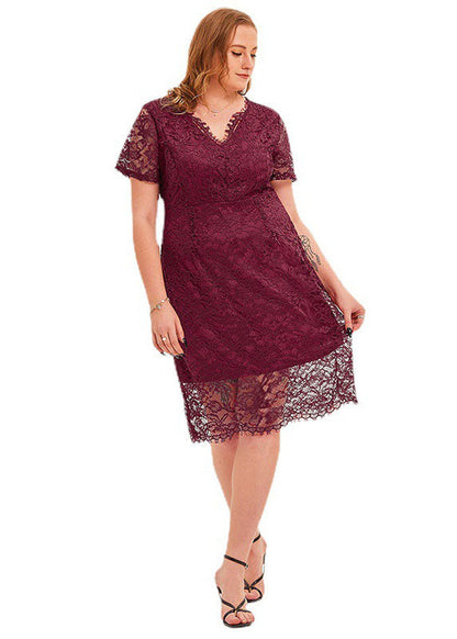 Style Mulberry V Neck Patchwork Lace Mid Dress Summer