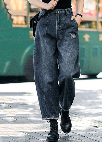 Style Navy High Waist Pockets Harem Fall Denim Pants