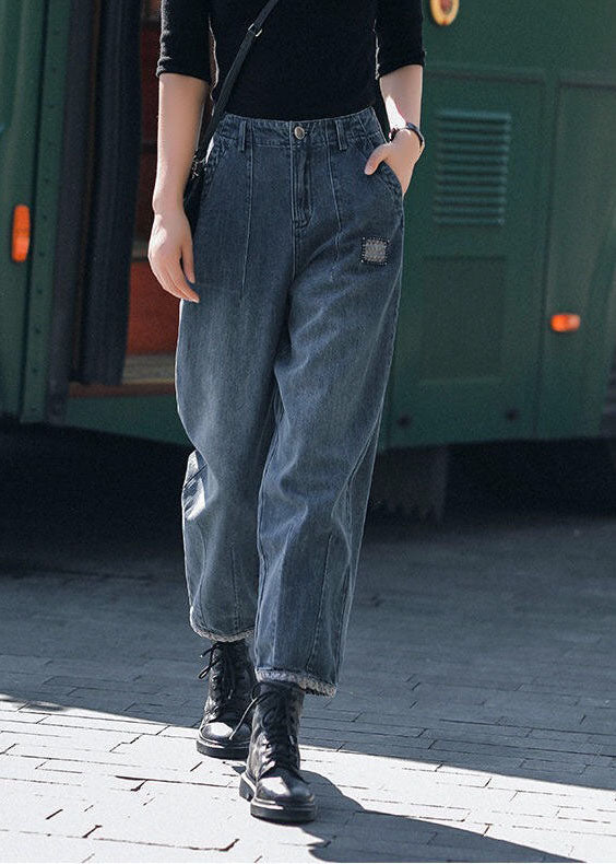 Style Navy- High Waist Pockets Harem Fall Denim Pants