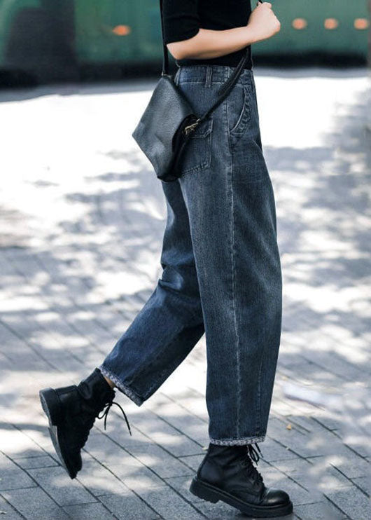 Style Navy High Waist Pockets Harem Fall Denim Pants