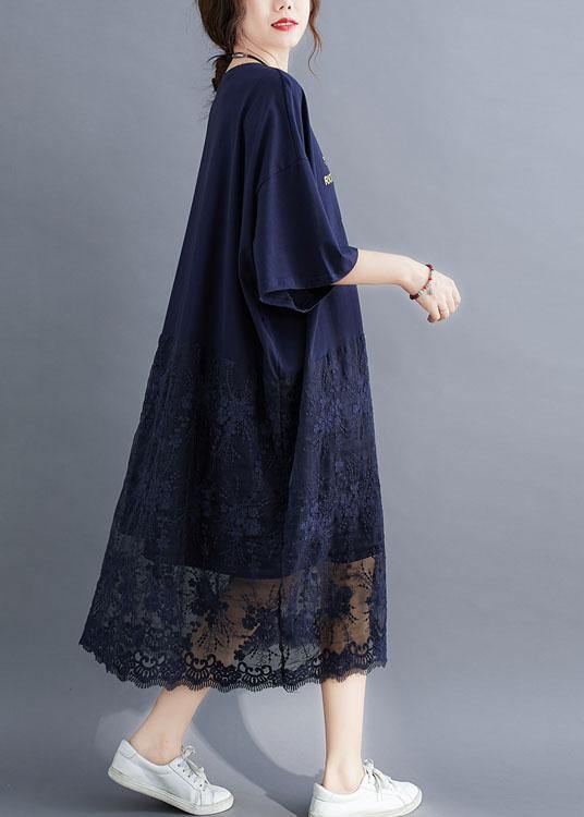 Style Navy Loose Patchwork Lace Summer Half Sleeve Maxi Dresses