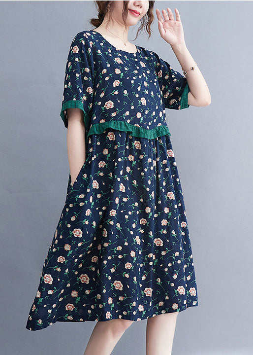 Style Navy O-neck Ruffled Patchwork Print Cotton Party Dress Short Sleeve