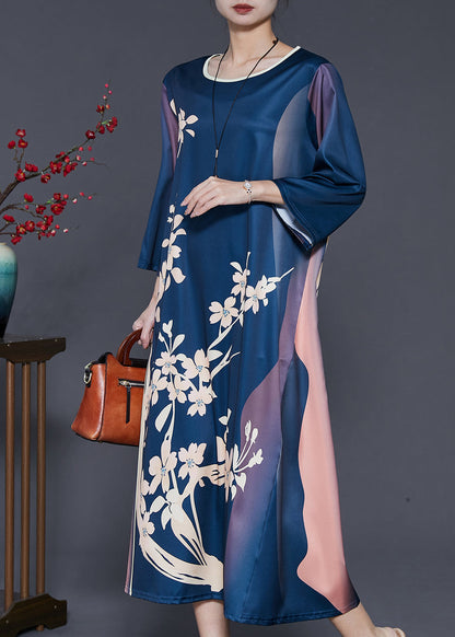 Style Navy Oversized Print Silk Dress Bracelet Sleeve