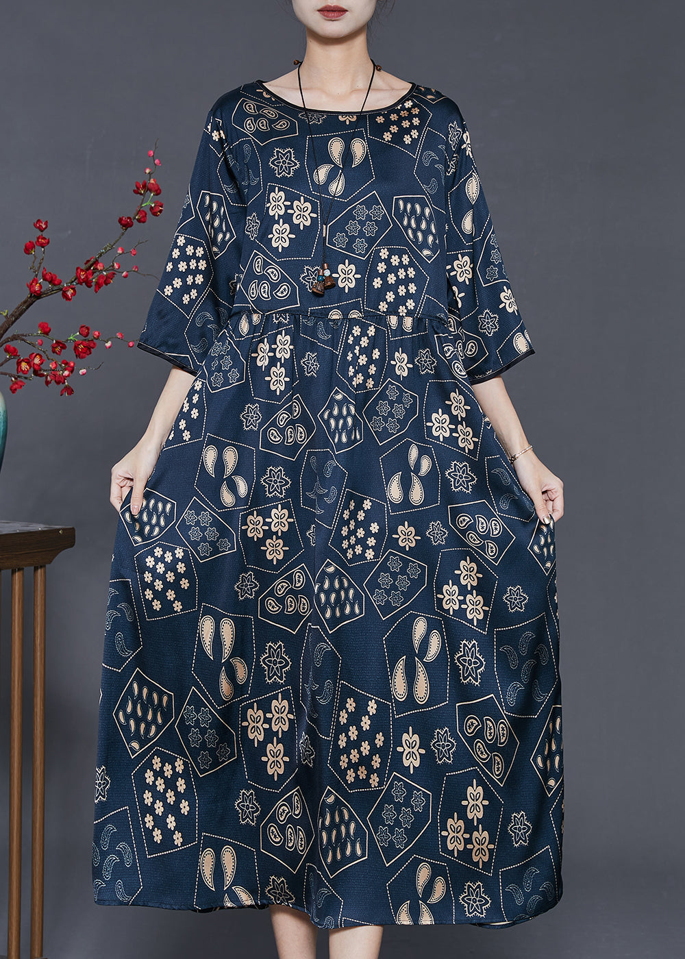 Style Navy Oversized Print Silk Vacation Dresses Half Sleeve