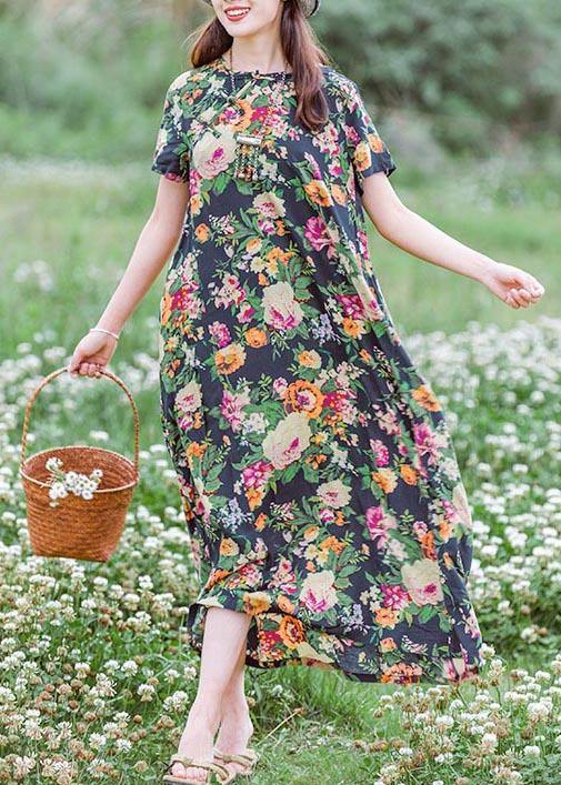 Style Navy Print Tunics Chinese Button Traveling Summer Dress