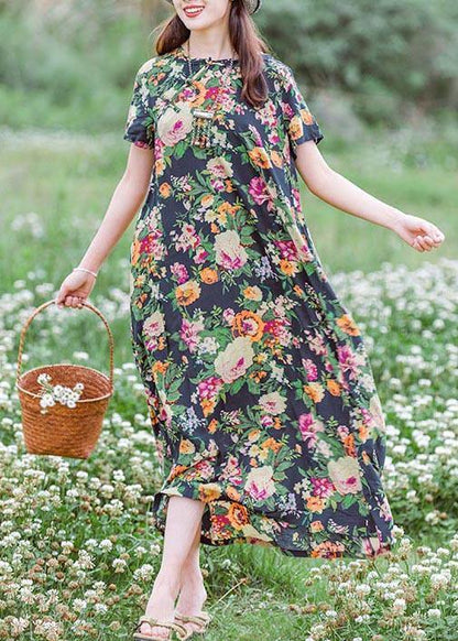 Style Navy Print Tunics Chinese Button Traveling Summer Dress