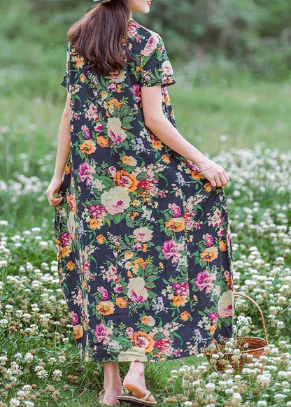 Style Navy Print Tunics Chinese Button Traveling Summer Dress