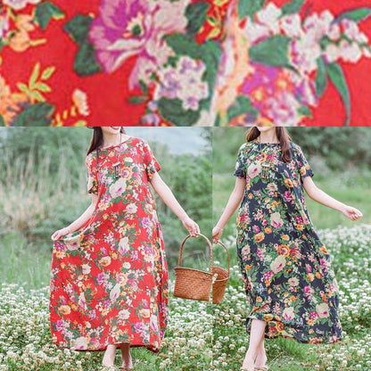 Style Navy Print Tunics Chinese Button Traveling Summer Dress