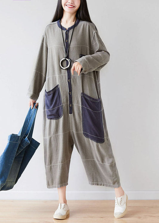 Style O-neck Grey Pockets Patchwork Jumpsuits Spring